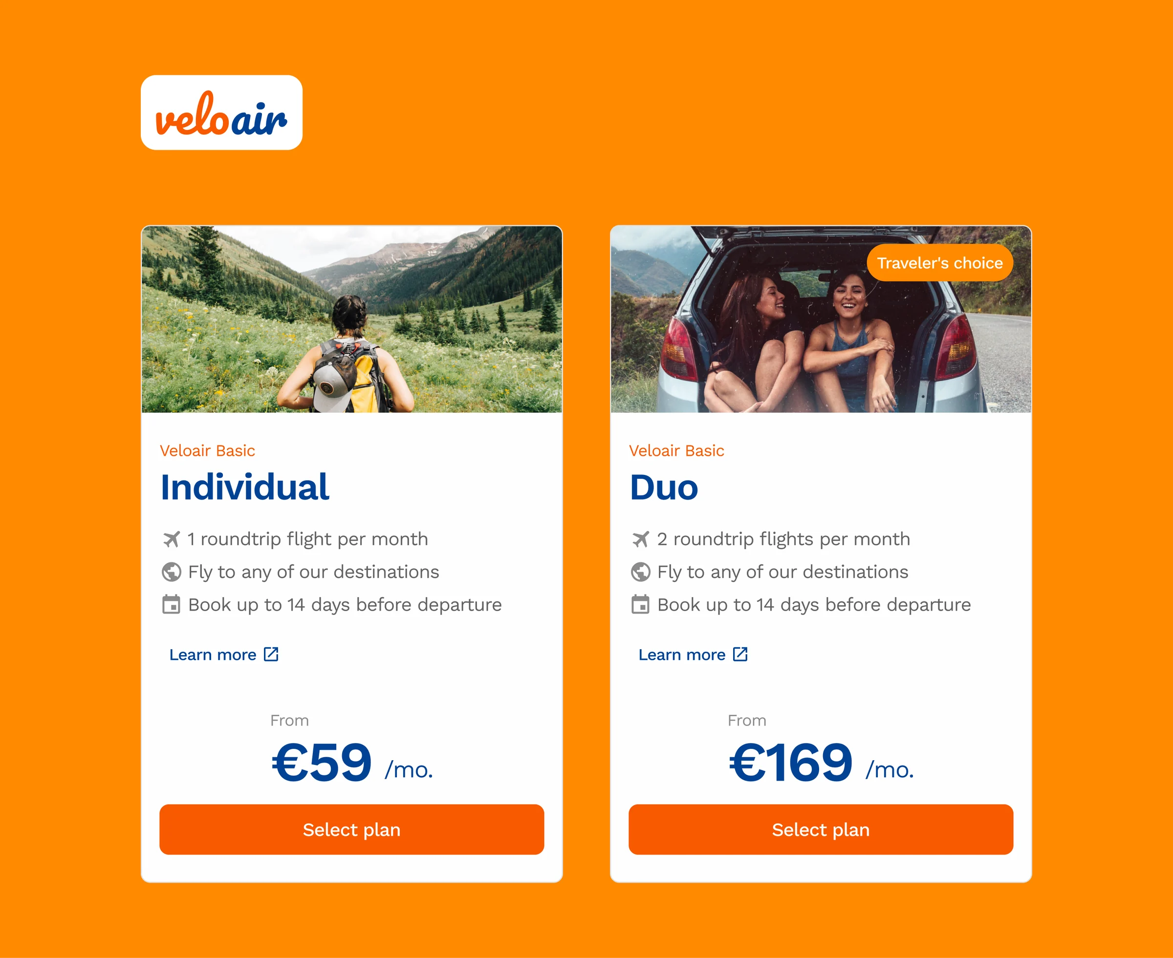 Plan selection cards in the Veloair master theme, showing Individual and Duo subscription plans on an orange background.
